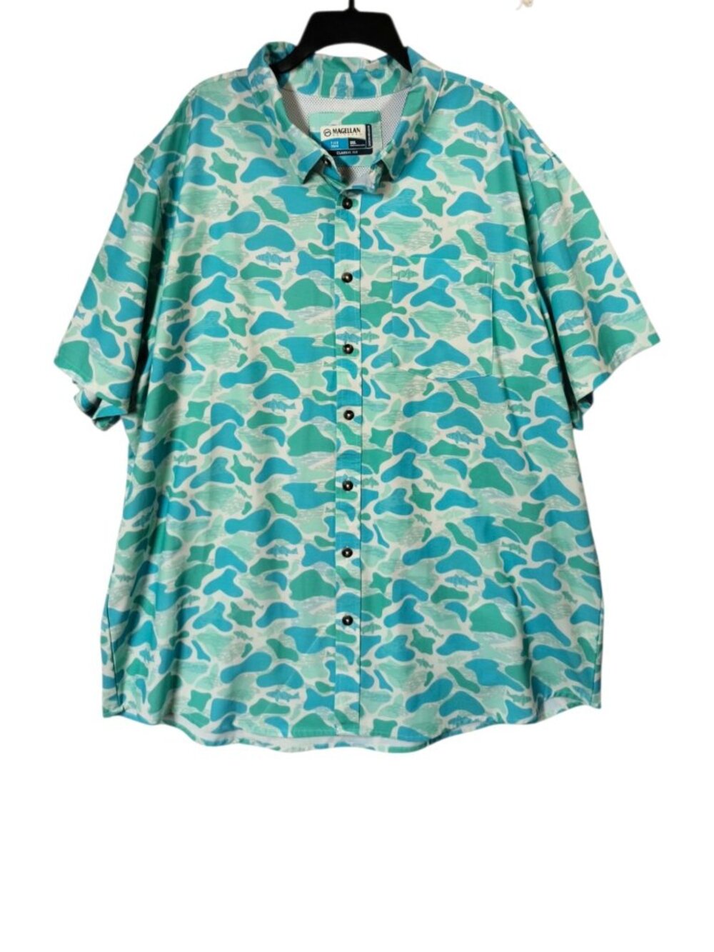 Magellan Outdoors Mens 2XL Fish Gear Shore & Line Camo Fishing Shirt Aqua Blue
